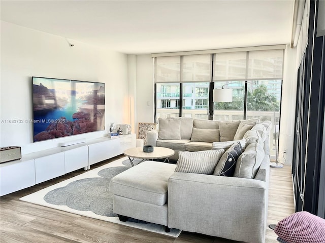 living room with wood-type flooring and floor to ceiling windows