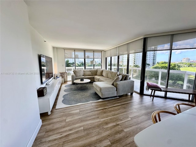 living room featuring floor to ceiling windows and wood-type flooring