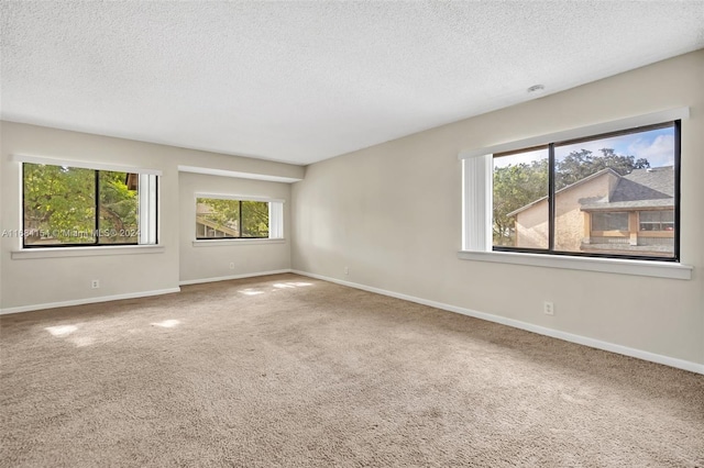 unfurnished room with a textured ceiling and carpet flooring