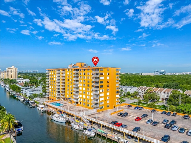 aerial view featuring a water view