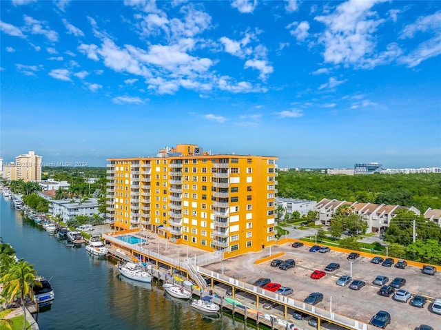 aerial view featuring a water view