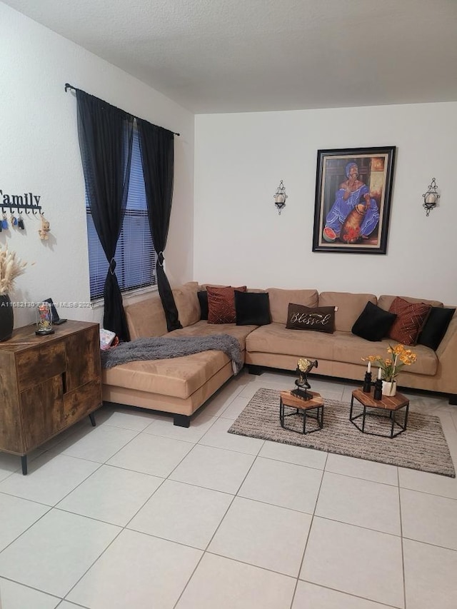 living area featuring light tile patterned flooring