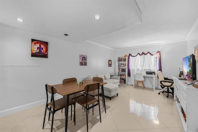 dining space featuring crown molding, a desk, light tile patterned floors, recessed lighting, and baseboards