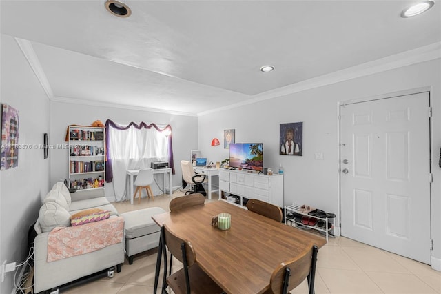dining room with ornamental molding, light tile patterned floors, and recessed lighting