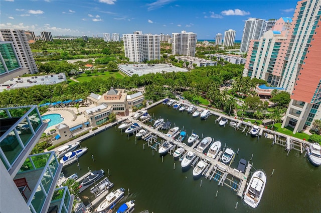 aerial view featuring a water view