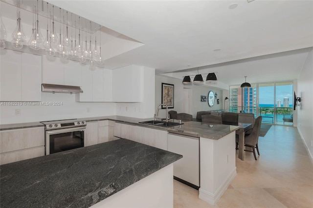 kitchen with sink, stainless steel electric range oven, dishwashing machine, white cabinets, and extractor fan