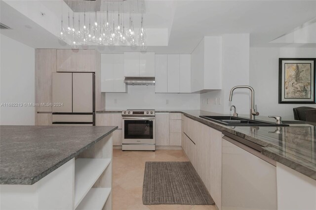 kitchen with sink, stainless steel electric stove, dishwashing machine, decorative light fixtures, and white fridge