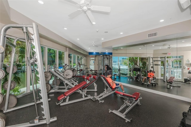 gym with ceiling fan and a wealth of natural light