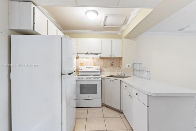 kitchen featuring white cabinetry, sink, backsplash, and white appliances