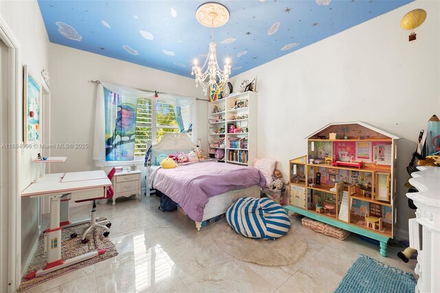 bedroom with an inviting chandelier