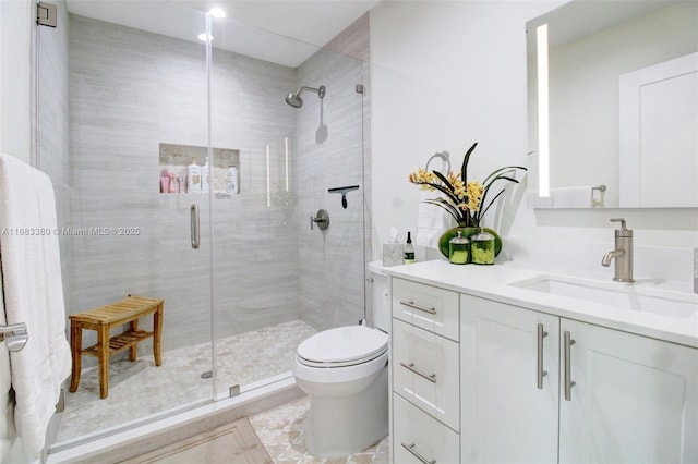 bathroom featuring vanity, toilet, and an enclosed shower