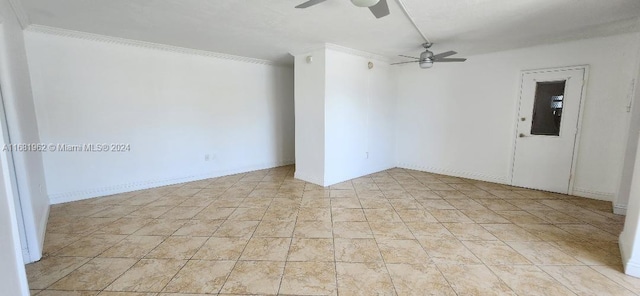 unfurnished room with ceiling fan and ornamental molding