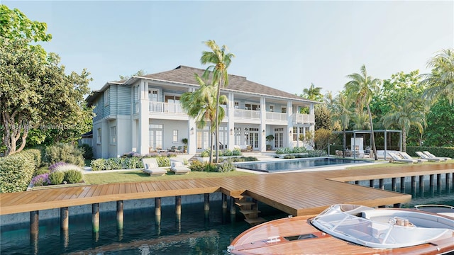 view of pool featuring a water view and a patio