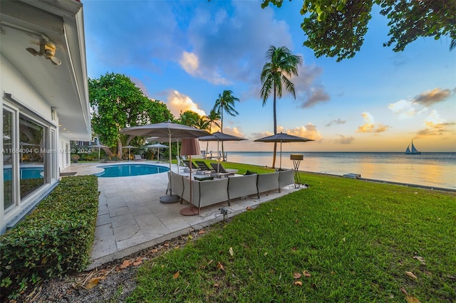 520 S Mashta Dr, Key Biscayne, FL 33149 - outdoor pool with a yard, a water view, and a patio area
