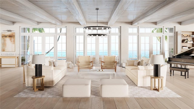 sunroom featuring a water view, beam ceiling, a notable chandelier, and wood ceiling