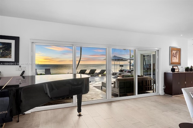 doorway with a water view and light hardwood / wood-style floors