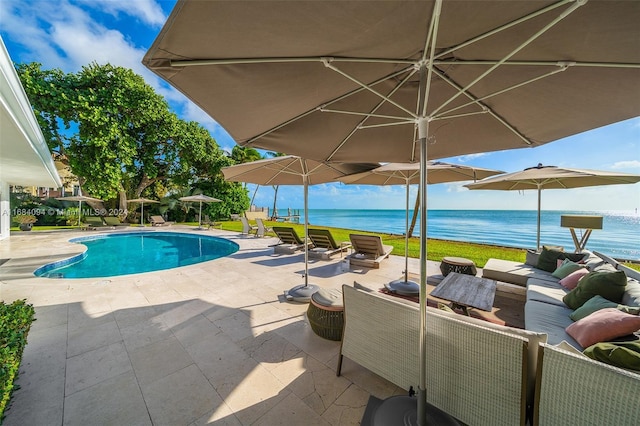 520 S Mashta Dr, Key Biscayne, FL 33149 - swimming pool with a water view, outdoor lounge area, and a patio