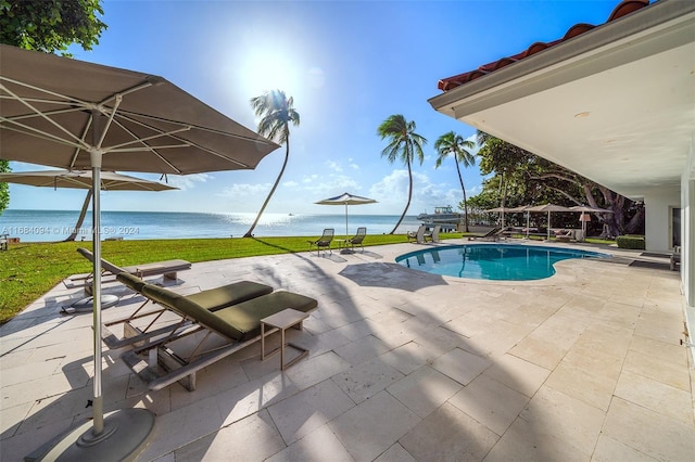 520 S Mashta Dr, Key Biscayne, FL 33149 - outdoor pool featuring a water view, a patio area, and a yard