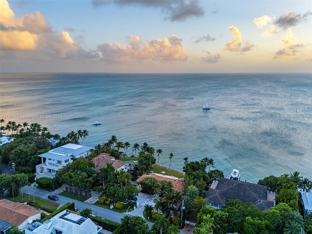 aerial view at dusk with a water view