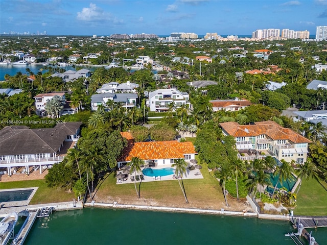 520 S Mashta Dr, Key Biscayne, FL 33149 - aerial view of property and surrounding area with a pool, a nearby body of water, and nearby urban area