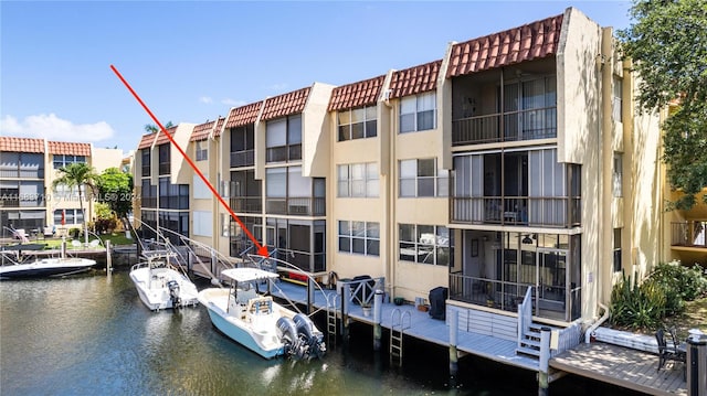 view of dock with a water view and a balcony