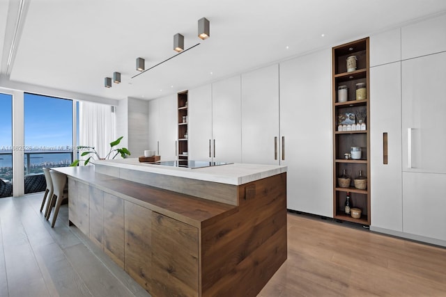 kitchen featuring white cabinetry, light hardwood / wood-style flooring, a kitchen island, and black electric stovetop