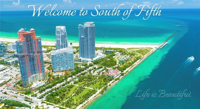 birds eye view of property featuring a water view and a beach view