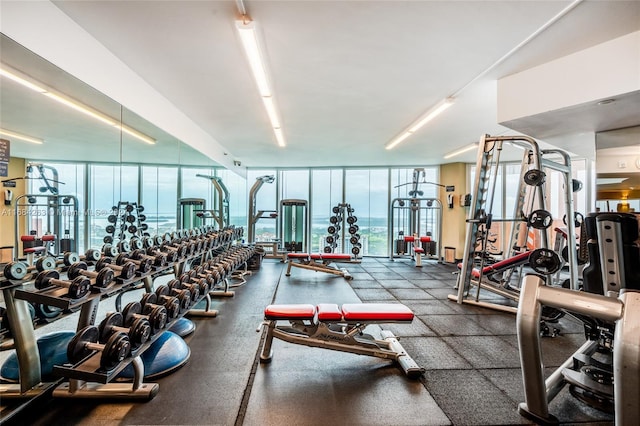 workout area with floor to ceiling windows