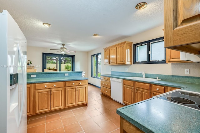 kitchen with a textured ceiling, ceiling fan, sink, and white appliances