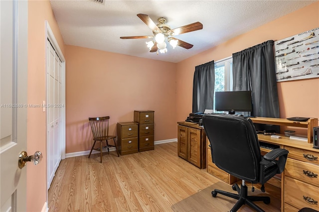 office space with light hardwood / wood-style floors, a textured ceiling, and ceiling fan