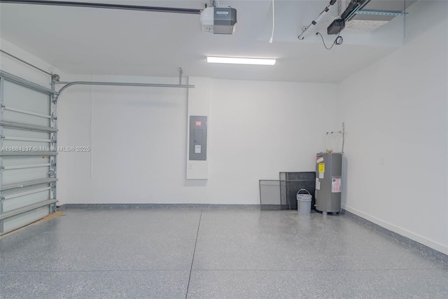 garage featuring electric panel, electric water heater, and a garage door opener