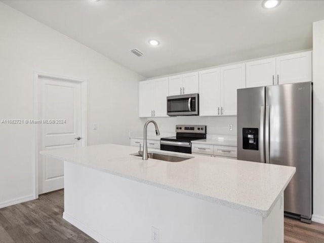 kitchen featuring appliances with stainless steel finishes, a kitchen island with sink, white cabinets, and dark hardwood / wood-style flooring