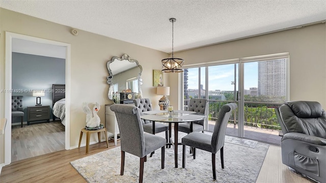 dining room featuring light wood-style floors, a chandelier, a city view, and a textured ceiling