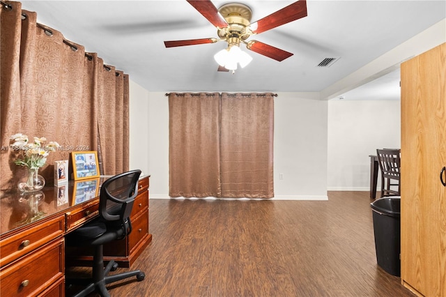 home office with ceiling fan and dark hardwood / wood-style flooring