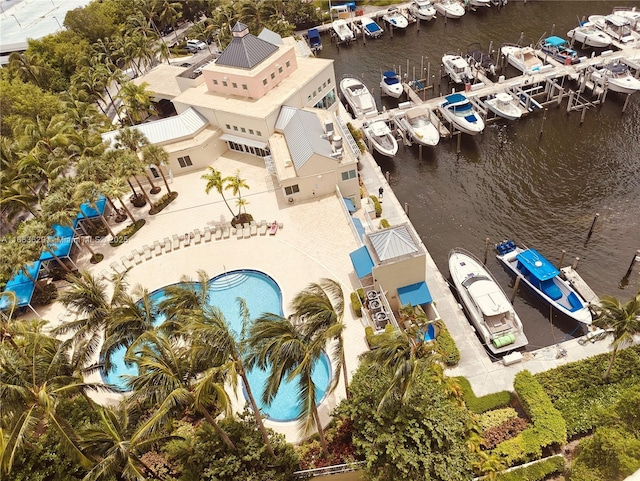 drone / aerial view featuring a water view