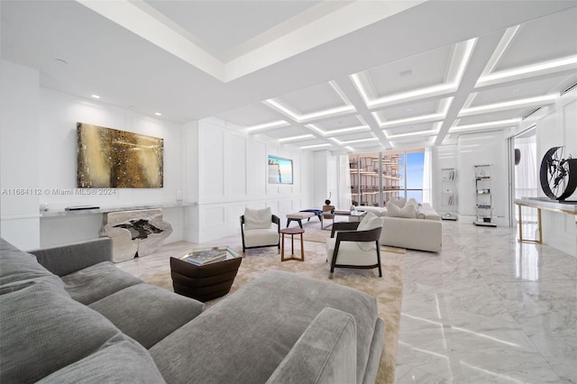 living room with beam ceiling and coffered ceiling