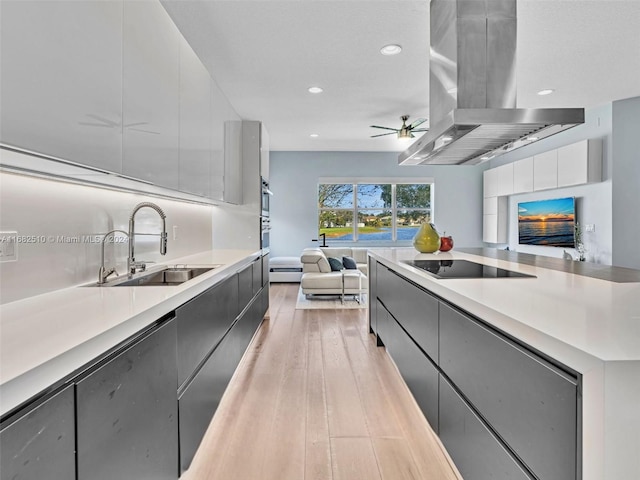 kitchen featuring island range hood, black electric cooktop, sink, light wood-type flooring, and ceiling fan