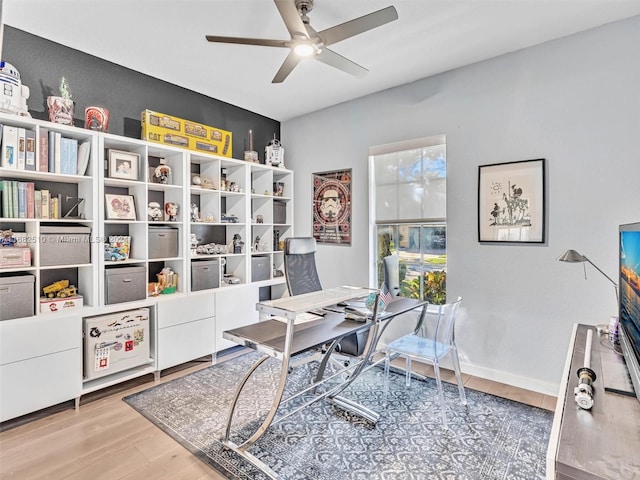 office space featuring light wood-type flooring and ceiling fan