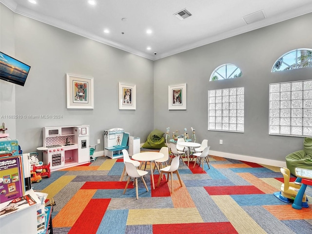 game room featuring crown molding and carpet