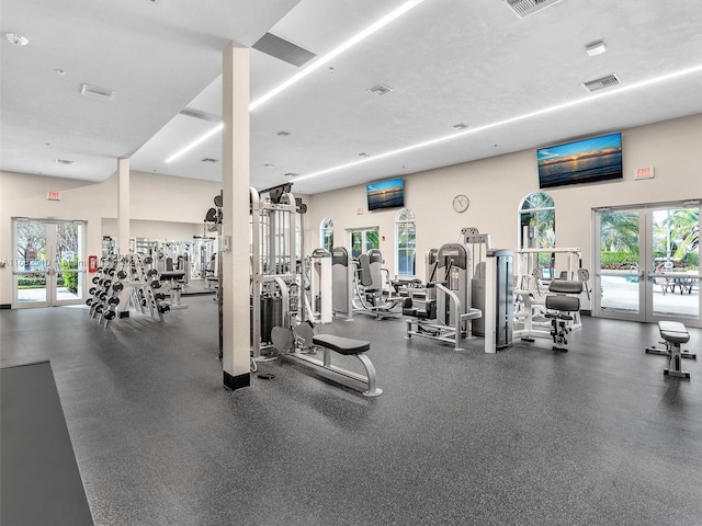 exercise room with french doors, a healthy amount of sunlight, and a high ceiling