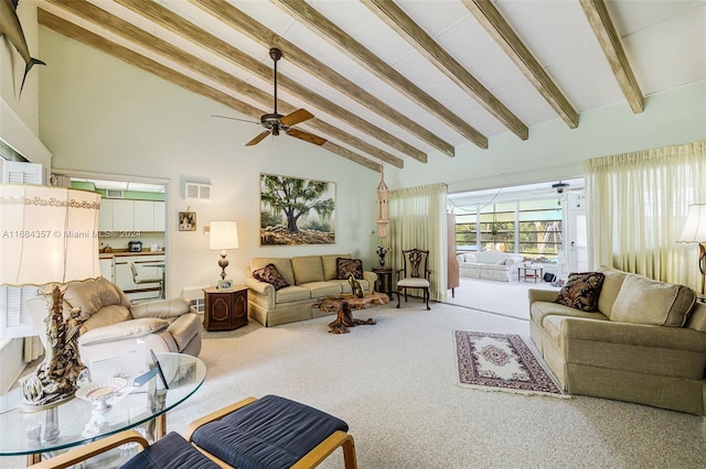 carpeted living room featuring beam ceiling, high vaulted ceiling, and ceiling fan