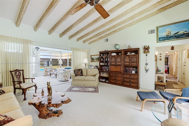 carpeted living room featuring beam ceiling, high vaulted ceiling, and ceiling fan