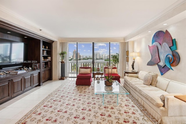 living room with ornamental molding and light tile patterned flooring