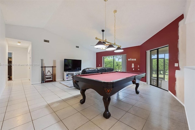 recreation room with lofted ceiling, billiards, and light tile patterned floors