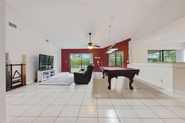 game room with light tile patterned flooring, high vaulted ceiling, billiards, and ceiling fan