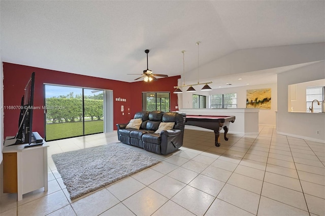 game room featuring sink, light tile patterned flooring, ceiling fan, lofted ceiling, and billiards