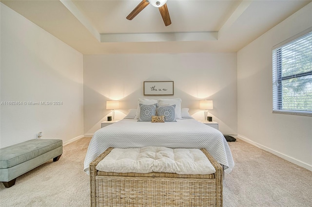 bedroom with carpet flooring, a tray ceiling, and ceiling fan