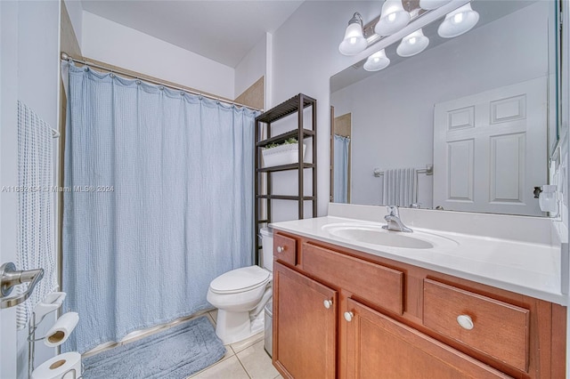 full bathroom featuring vanity, shower / bath combo, toilet, and tile patterned flooring