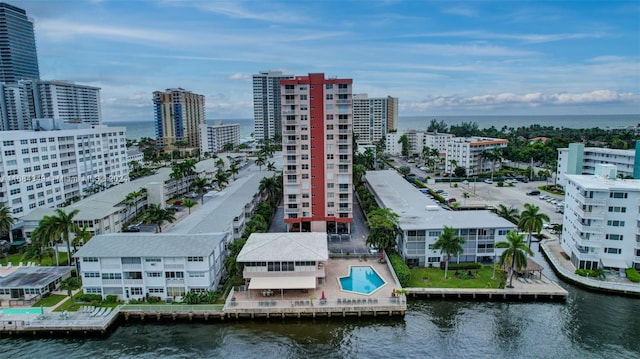 drone / aerial view with a water view