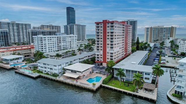 drone / aerial view featuring a water view